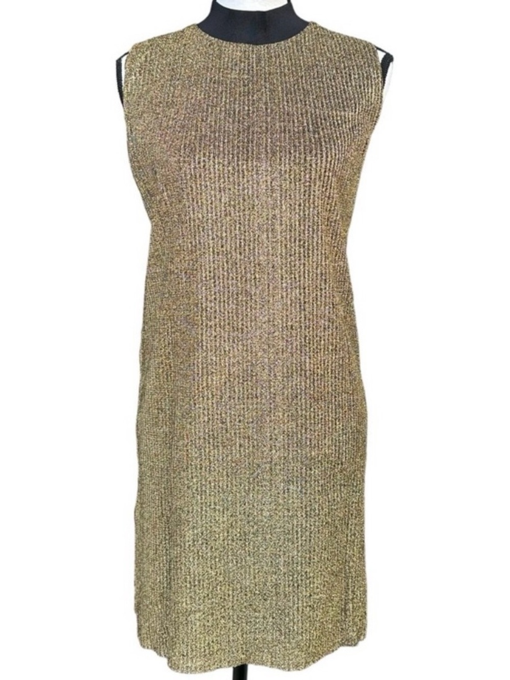 Zara Trafaluc Gold Metallic Black Stretch Neck Mini Dress Size L. EUC. No Flaws